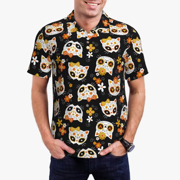 Gukieu cat sugar skulls Print Men's Quick-drying POLO Shirt, Button-down Summer T-shirt, Suitable for Work and Outdoor Activities-Large