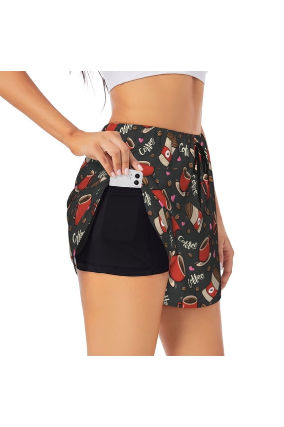 coffee mug cup Print Women's Sports Shorts with Drawstring Elastic Waistband for Running, Yoga, Fitness-Small