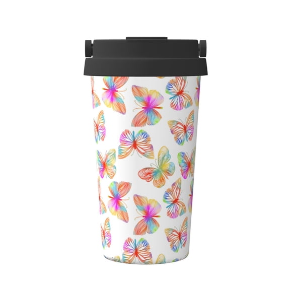 Gukieu colored butterflies Print Insulated Coffee Cup, Portable Stainless Steel Vacuum Cup with Lid, Unisex, Suitable for Office, Cafe, Car