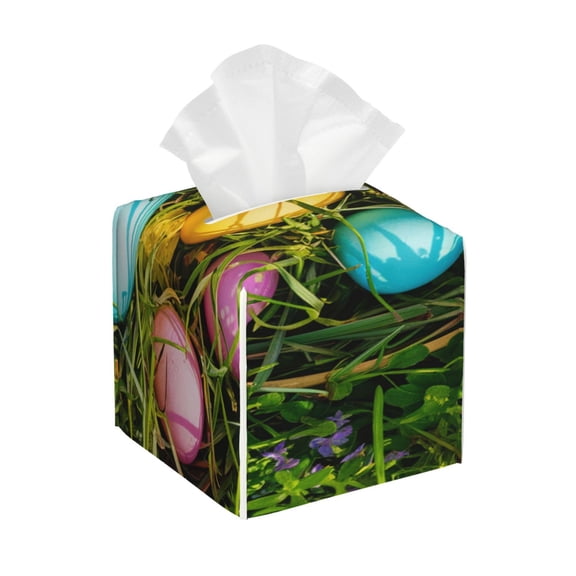 Gukieu colorful Easter eggs Print Leather Tissue Box, PVC Waterproof Velcro Opening and Closing Square Tissue Box Holder, Suitable for Home and Office Decoration