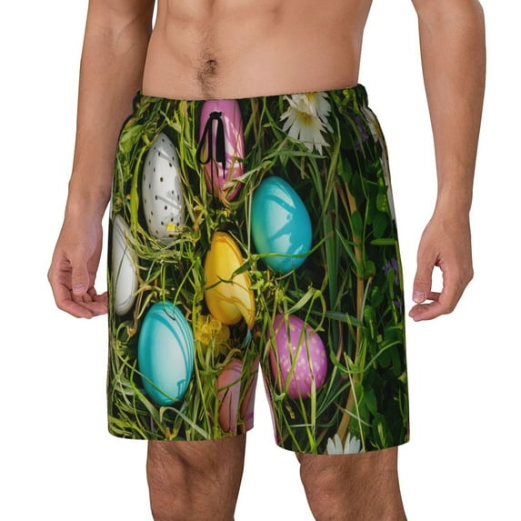 Gukieu colorful Easter eggs Print Men's Double Layer Sports Swim Trunks, Quick Dry Adjustable Waist Swim Shorts Swimwear-Medium