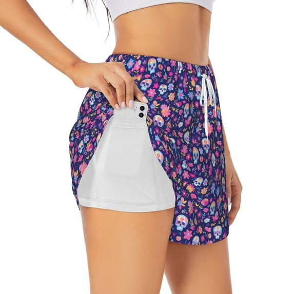 Gukieu colorful Skull butterfly flower1 Print Women's Sports Shorts with Drawstring Elastic Waistband for Running, Yoga, Fitness-X-Large