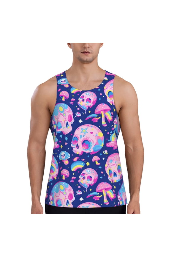 colorful Skull mushroom rainbow Print Men's Quick Dry Fitness Vest, Round Neck Sleeveless Fitness Bodybuilding Top-3X-Large