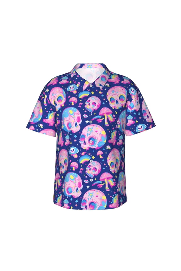 colorful Skull mushroom rainbow Print Men's Short-sleeved Shirts, Button-down Lapel Hawaiian Shirts, T-shirts, Beach Vacation Summer Casual Wear,3X-Large