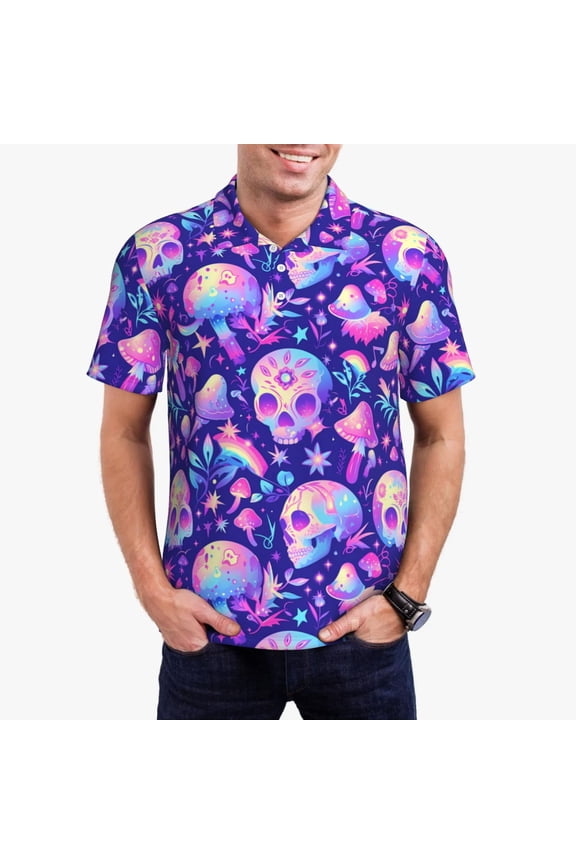 colorful mushroom Skull rainbow Print Men's Quick-drying POLO Shirt, Button-down Summer T-shirt, Suitable for Work and Outdoor Activities-Large