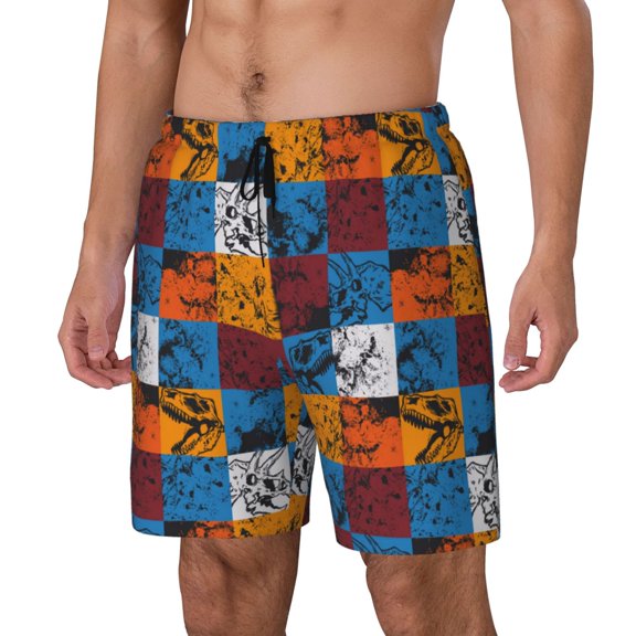 Gukieu colorful plaid Dinosaur Print Men's Double Layer Sports Swim Trunks, Quick Dry Adjustable Waist Swim Shorts Swimwear-Small
