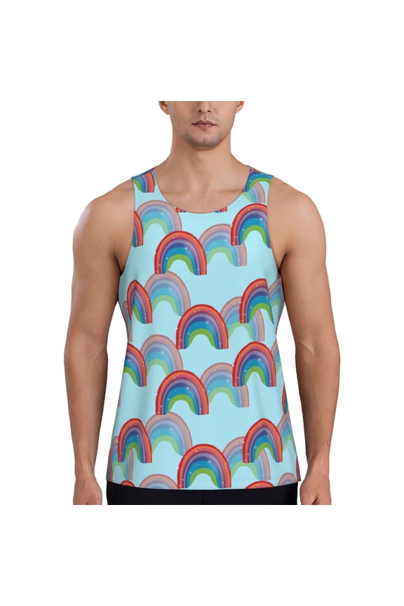 colorful rainbow Print Men's Quick Dry Fitness Vest, Round Neck Sleeveless Fitness Bodybuilding Top-Large