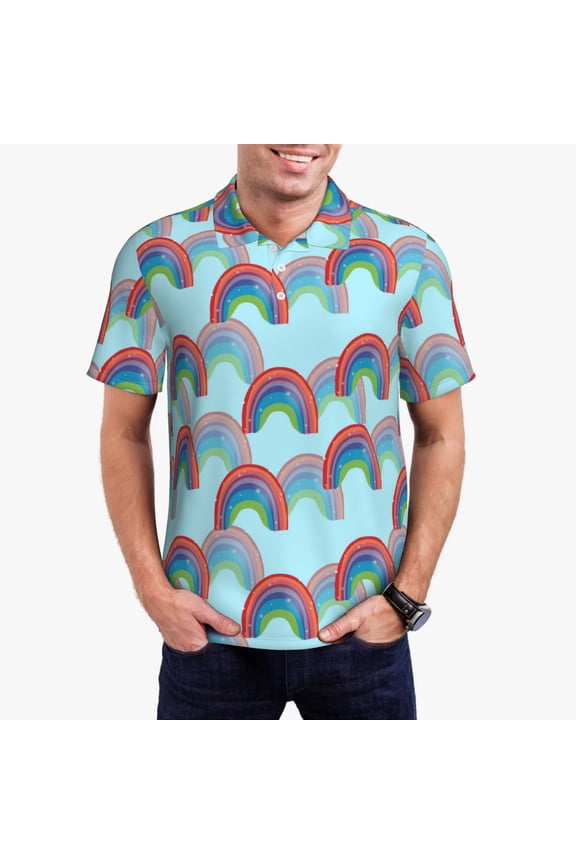 colorful rainbow Print Men's Quick-drying POLO Shirt, Button-down Summer T-shirt, Suitable for Work and Outdoor Activities-X-Large