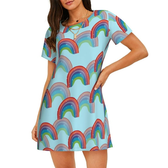 Gukieu colorful rainbow Print Women's Nightgown, A-line Round Neck Short-sleeved Nightgown Pajamas Home Wear Suitable for Home and Outing