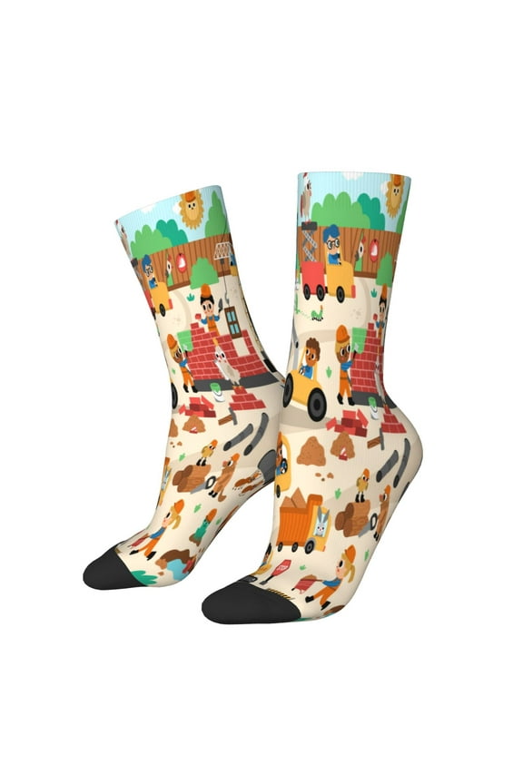 construction road work landscape Print Contrast Color Mid-calf Socks, Sweat-wicking Athletic Socks, Unisex Clothing Accessories
