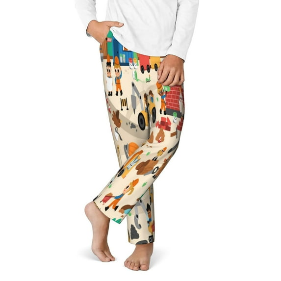 Gukieu construction road work landscape Print Youth Home Trousers, Elastic Waistband with Pockets for Home and Outing, Suitable for Children Aged 5-16-Small