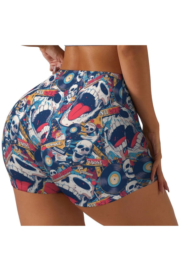 cool rock Skull Print Women's Sports Shorts, Elastic Waist High Stretch Running Yoga Gym Sweatpants-Large