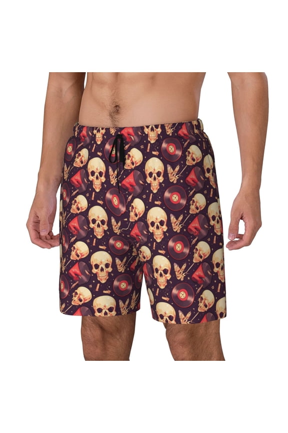 cool rock Skull record Print Men's Double Layer Sports Swim Trunks, Quick Dry Adjustable Waist Swim Shorts Swimwear-XX-Large