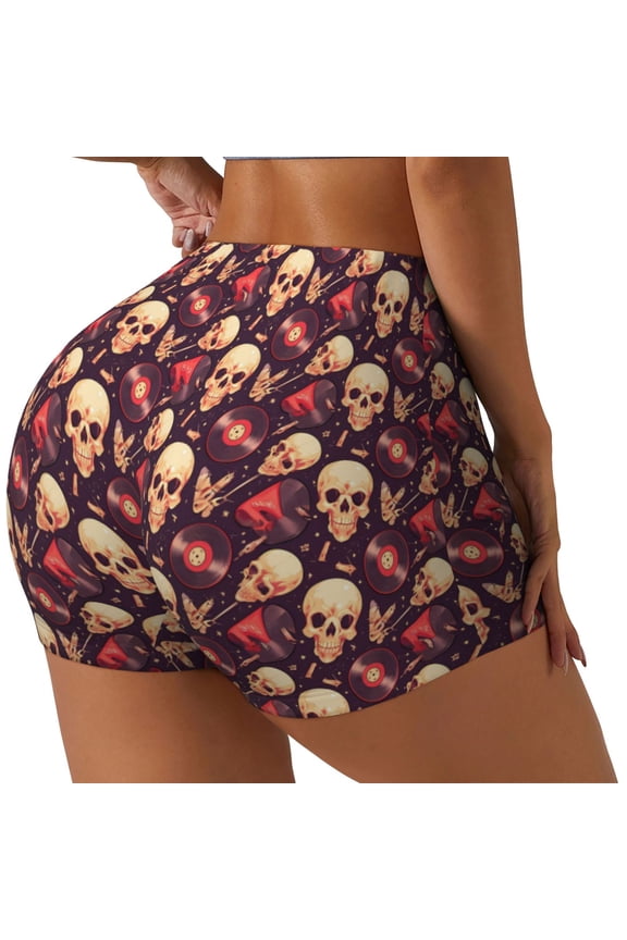 cool rock Skull record Print Women's Sports Shorts, Elastic Waist High Stretch Running Yoga Gym Sweatpants-Small