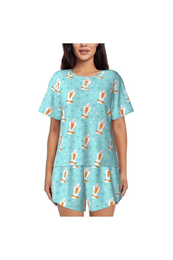 crazy white goose Print Women's Short-sleeved Pajama Set, Round Neck Button Top Elastic Shorts 2-piece Set, Summer Home Leisure Clothing-Medium