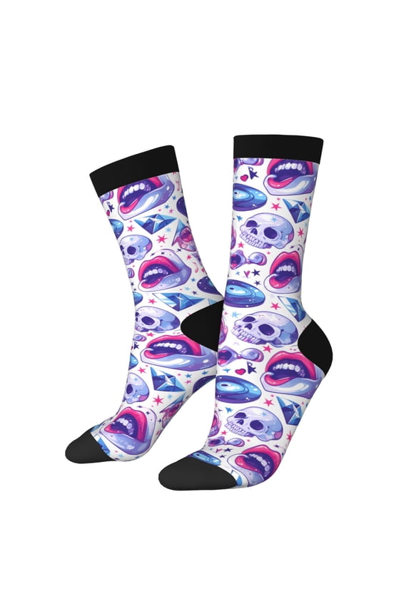 crystal Skull record lips Print Contrast Color Mid-calf Socks, Sweat-wicking Athletic Socks, Unisex Clothing Accessories