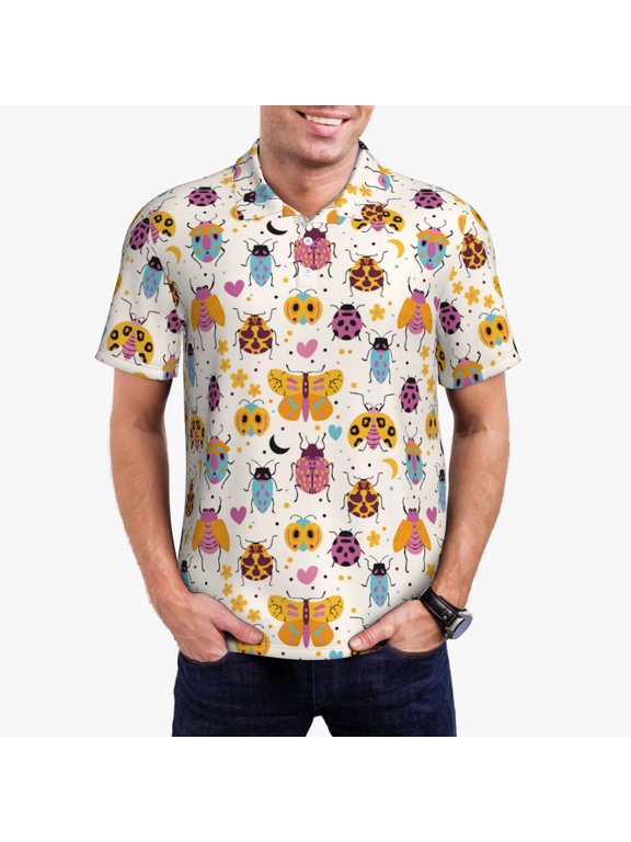 cute bugs Print Men's Quick-drying POLO Shirt, Button-down Summer T-shirt, Suitable for Work and Outdoor Activities-Small