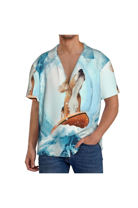 dog surfing on surfboard Print Men's Short-sleeved Shirts, Button-down Pocket Shirts, T-shirts, Beach Vacation Travel Summer Clothing-Small