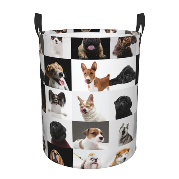 Gukieu dogs pets collage Print Round Dirty Clothes Bag, Waterproof Standing Home Bathroom Storage Basket Car Trunk Storage Bag-Medium
