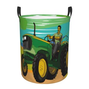 Gukieu farmer working with tractor at field Print Round Dirty Clothes Bag, Waterproof Standing Home Bathroom Storage Basket Car Trunk Storage Bag-Small
