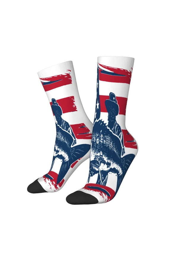 fisherman fishing with USA flag Print Contrast Color Mid-calf Socks, Sweat-wicking Athletic Socks, Unisex Clothing Accessories