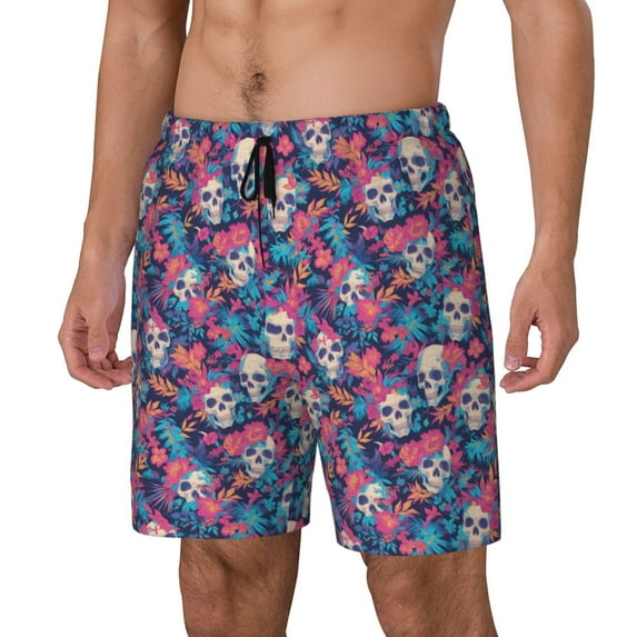 Gukieu flower Skull leaf colorful Print Men's Double Layer Sports Swim Trunks, Quick Dry Adjustable Waist Swim Shorts Swimwear-3X-Large