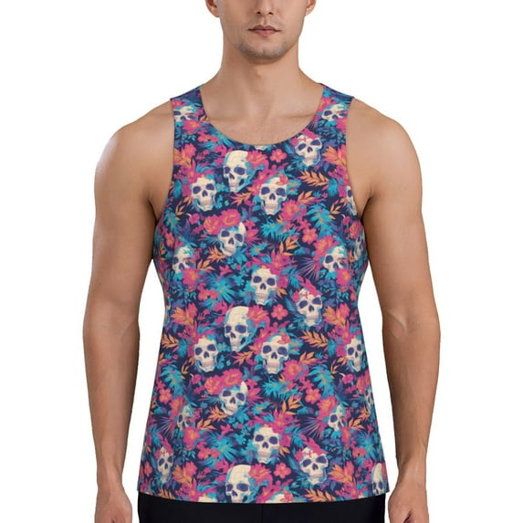 Gukieu flower Skull leaf colorful Print Men's Quick Dry Fitness Vest, Round Neck Sleeveless Fitness Bodybuilding Top-XX-Large