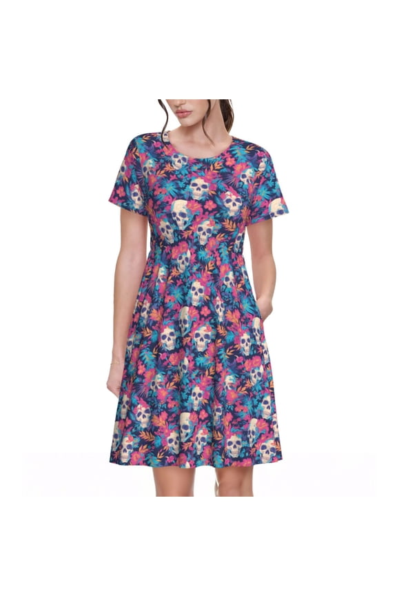 flower Skull leaf colorful Print Women's Short Sleeve Dress, Elastic Waistband A-line with Pockets Summer Dress, Suitable for Daily Leisure, Work, Vacation