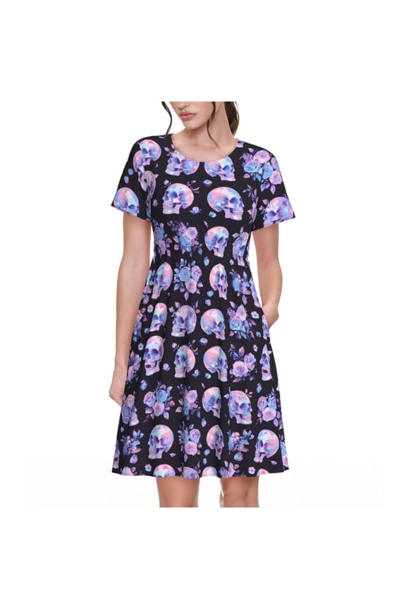 flower Skull rose Print Women's Short Sleeve Dress, Elastic Waistband A-line with Pockets Summer Dress, Suitable for Daily Leisure, Work, Vacation