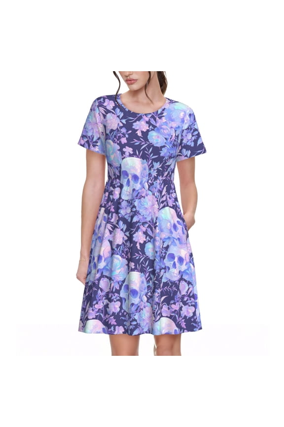 flower crystal Skull Print Women's Short Sleeve Dress, Elastic Waistband A-line with Pockets Summer Dress, Suitable for Daily Leisure, Work, Vacation