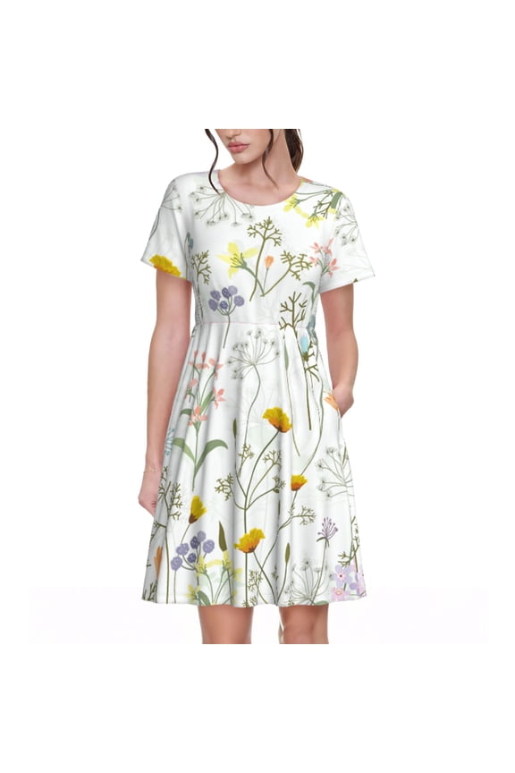 flower and leaf Print Women's Short Sleeve Dress, Elastic Waistband A-line with Pockets Summer Dress, Suitable for Daily Leisure, Work, Vacation