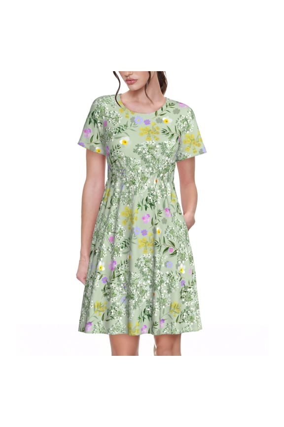 flower and leaf Print Women's Short Sleeve Dress, Elastic Waistband A-line with Pockets Summer Dress, Suitable for Daily Leisure, Work, Vacation