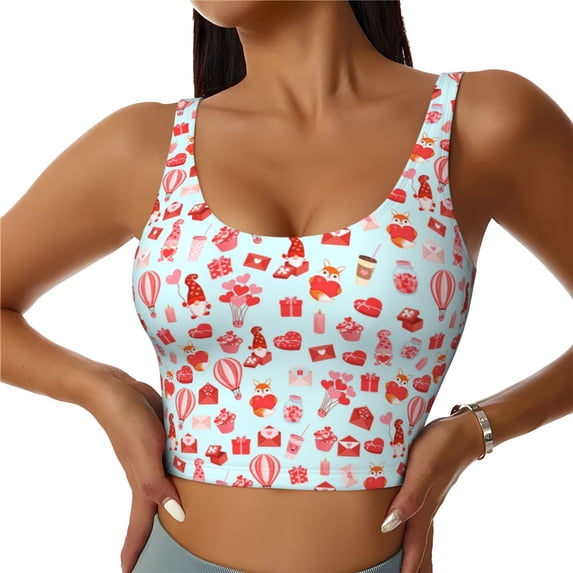 Gukieu fox gnomes and hearts Print Women's Sports Vest, Low-neck U-shaped Removable Pad Sports Bra for Yoga, Exercise, Dance-X-Large