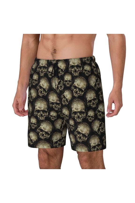 funny Retro Skull Print Men's Double Layer Sports Swim Trunks, Quick Dry Adjustable Waist Swim Shorts Swimwear-Large