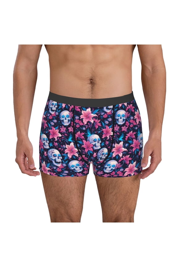 funny Skull daisy flower Print Men's Boxer Briefs, High Elastic Moisture Wicking Boxer Briefs Underwear-Small