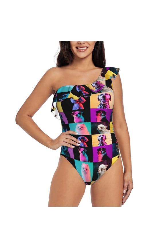 funny dogs Print One-shoulder Ruffled One-piece Swimsuit with Removable Chest Pads and Tummy-control Swimsuit for Women-Small