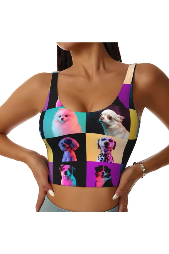 funny dogs Print Women's Sports Vest, Low-neck U-shaped Removable Pad Sports Bra for Yoga, Exercise, Dance-Large
