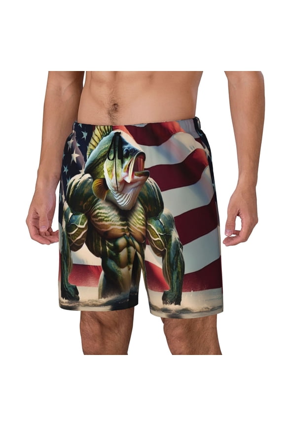 giant bass with big muscles Print Men's Double Layer Sports Swim Trunks, Quick Dry Adjustable Waist Swim Shorts Swimwear-Small