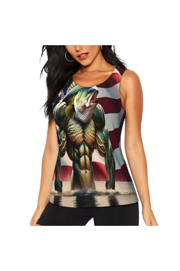 giant bass with big muscles Print Women's Quick-drying Fitness Vest, Round Neck Sleeveless Fitness T-shirt, Suitable for Yoga, Sports-Large