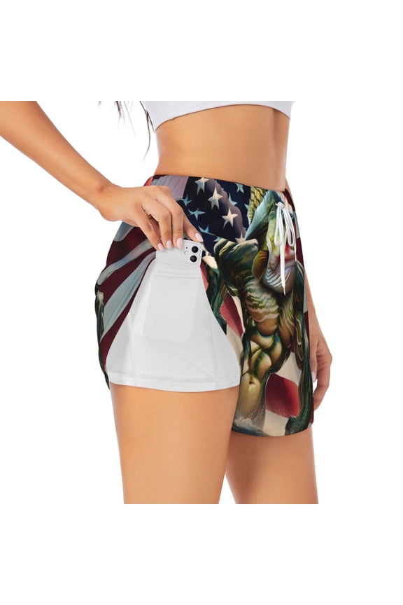 giant bass with big muscles Print Women's Sports Shorts with Drawstring Elastic Waistband for Running, Yoga, Fitness-XX-Large