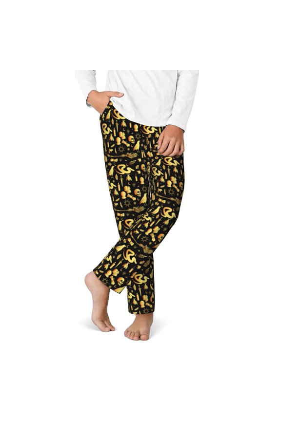 glod Skull snake bird Print Youth Home Trousers, Elastic Waistband with Pockets for Home and Outing, Suitable for Children Aged 5-16-Large