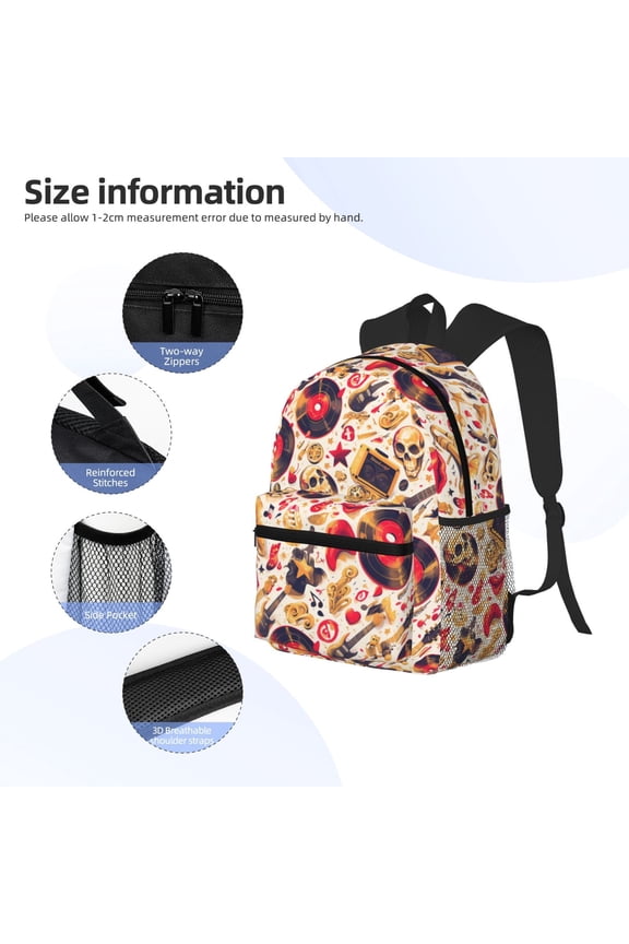 gold Skull Guitar record Print Backpack, Waterproof Backpack with Adjustable Shoulder Straps, Suitable for Campus, Business, Travel, Unisex
