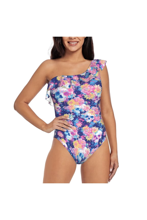 graffiti style Skull flower Print One-shoulder Ruffled One-piece Swimsuit with Removable Chest Pads and Tummy-control Swimsuit for Women-Large