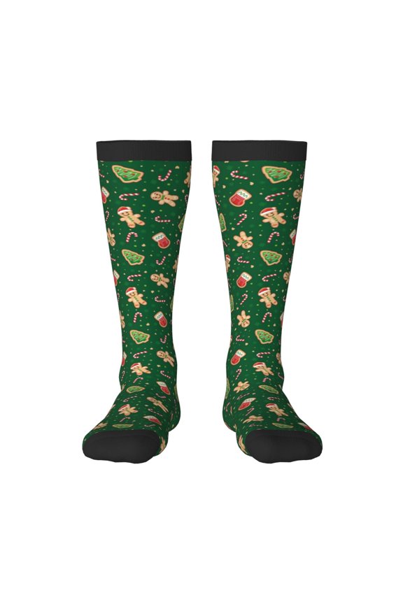 green Christmas Element Print Contrast Color Stockings, Elastic Sports Socks Warm Socks Clothing Accessories, Adult Unisex