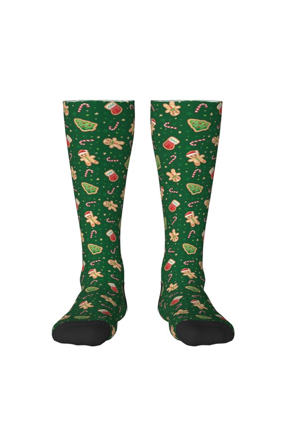 green Christmas Element Print Contrast Color Stockings, Elastic Sports Socks Warm Socks Clothing Accessories, Adult Unisex