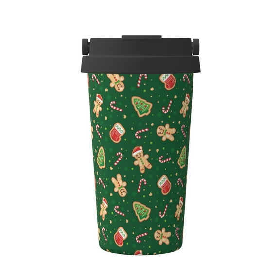 Gukieu green Christmas Element Print Insulated Coffee Cup, Portable Stainless Steel Vacuum Cup with Lid, Unisex, Suitable for Office, Cafe, Car