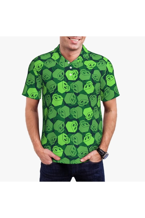 green Skull Print Men's Quick-drying POLO Shirt, Button-down Summer T-shirt, Suitable for Work and Outdoor Activities-Medium