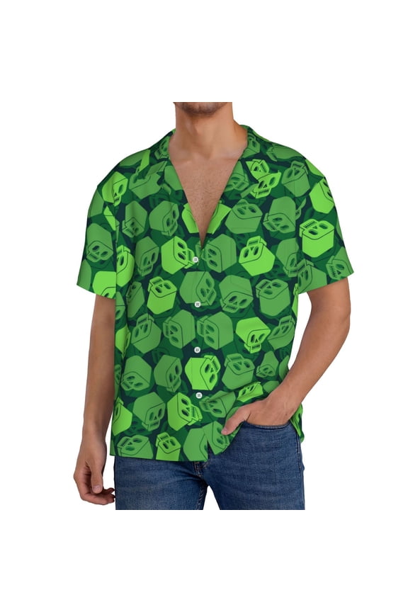 green Skull Print Men's Short-sleeved Shirts, Button-down Pocket Shirts, T-shirts, Beach Vacation Travel Summer Clothing-Medium