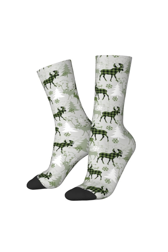 green plaid Moose tree Print Contrast Color Mid-calf Socks, Sweat-wicking Athletic Socks, Unisex Clothing Accessories