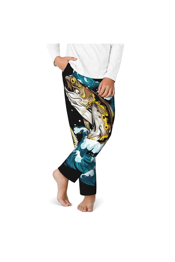 green salmon fish Print Youth Home Trousers, Elastic Waistband with Pockets for Home and Outing, Suitable for Children Aged 5-16-Large